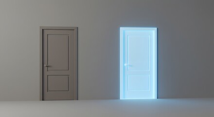 Conceptual image of a choice or opportunity represented by two doors, one closed and another glowing with bright blue light, symbolizing possibilities, decisions, and new beginnings.