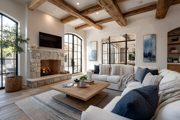 Fototapeta premium Modern farmhouse living room with white sofa, navy accents, fireplace, wood beams, large windows, neutral furniture, and colorful artwork