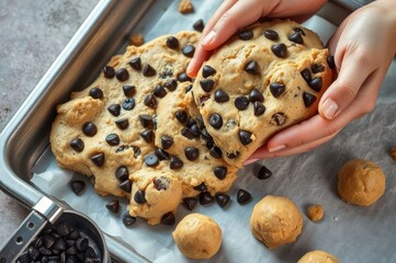 A cozy kitchen table with hands placing cookies on a tray, choco