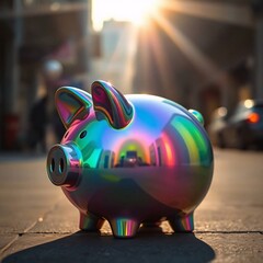 A candid street photograph of an iridescent piggy bank, showcasing volumetric lighting and vibrant iridescent reflections in an urban setting with visible light beams through dust or fog