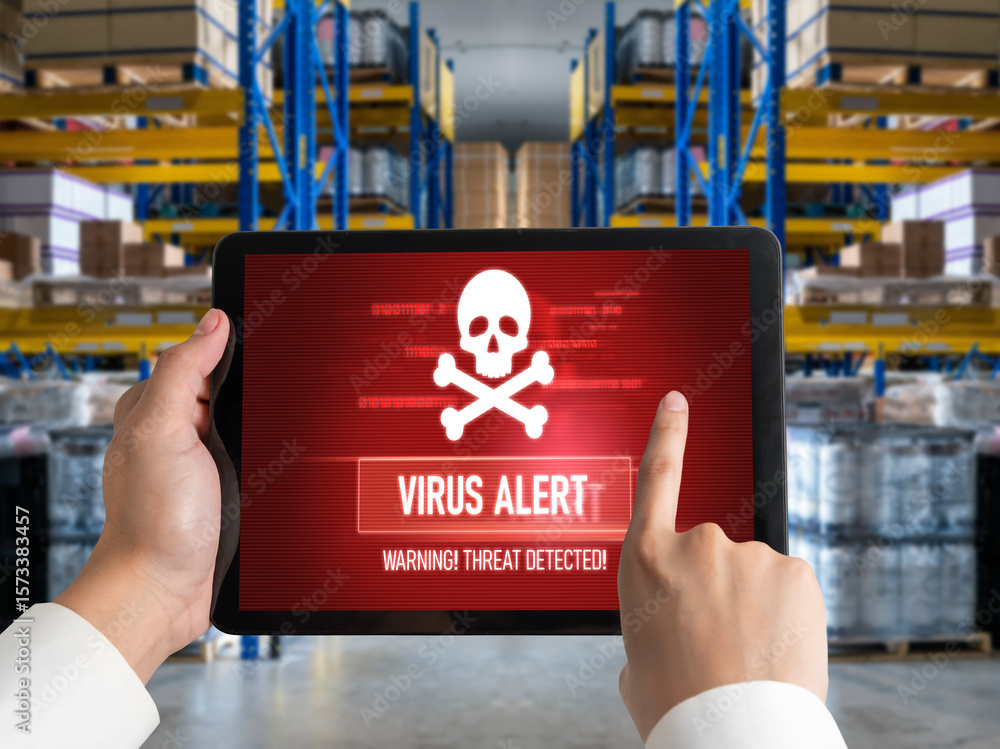 Poster virus warning alert on computer screen detected modish cyber threat , hacker, computer virus and mal