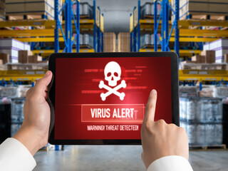 Virus warning alert on computer screen detected modish cyber threat , hacker, computer virus and...