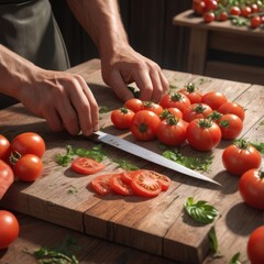 A rustic wooden table with fresh vegetables, herbs, and a cook’s hands slicing a tomato. Generative AI