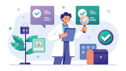 Doctor in lab coat examining documents with magnifying glass and clipboard in a modern office setting