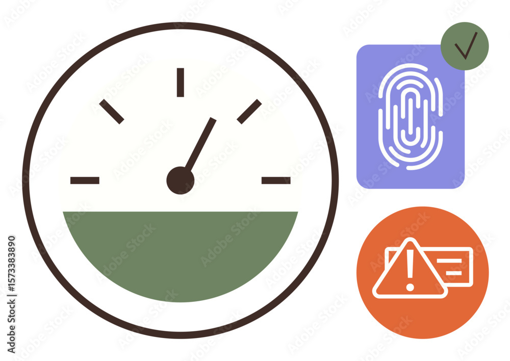 Poster speedometer gauge with a pointer, fingerprint verification icon, checkmark, and caution alert. ideal