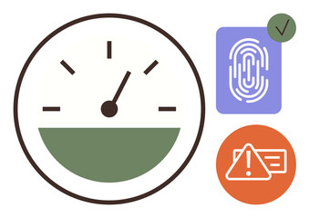 Speedometer gauge with a pointer, fingerprint verification icon, checkmark, and caution alert. Ideal for cybersecurity, authentication, efficiency, risk assessment, monitoring compliance