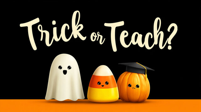 Halloween banner text "candy or teaching?" with white, corn candy and orange pumpkin on a black background. A place for halloween text at school or college.