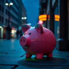 A candid street photography shot of a piggy bank glowing with bioluminescent colors in an urban setting, capturing spontaneous moments and natural light effects