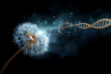 Dandelion releasing seeds that transform into dna strand floating through air symbolizing connection between nature genetics life science evolution and biological data in abstract concept art