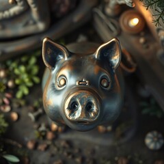 A cast bronze piggy bank viewed from an overhead bird’s eye perspective, in a mystic and enchanting environment with gentle color contrasts, an ethereal quality, antique patina finish