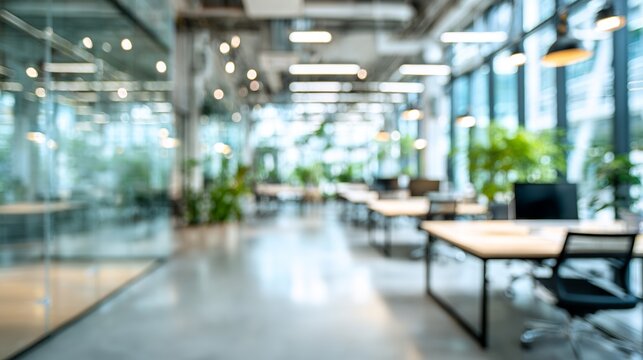 Abstract office space with natural light flooding through large windows and lush greenery creating a modern workspace environment.