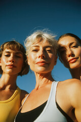 Three women of different ages wearing sportswear posing against blue sky