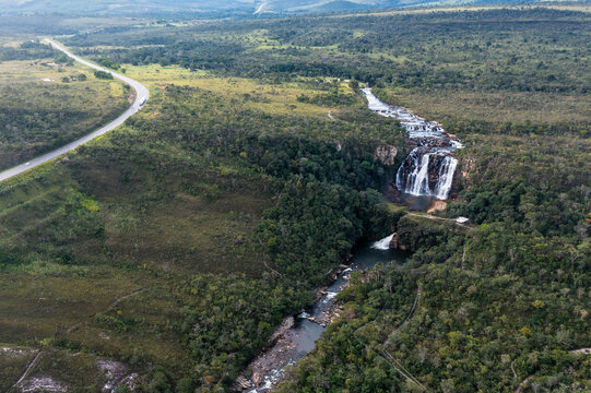 Aerial view of the Corumba waterfall (Cachoeira Salto Corumb&aacute;) and Po&ccedil;o Rico waterfall in Goi&aacute;s, Brazil.