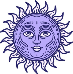 tattoo in traditional style of a sun with face in bright neon color