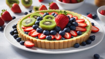 A chef’s hands arranging slices of fruit on a tart, table with custard, mint leaves, and sugar. Generative AI