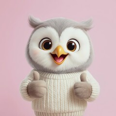 Cartoon Owl Giving Thumbs Up Wearing Sweater on Pink Background