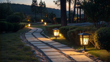 Illuminated Pathway at Dusk: A winding stone pathway, gently lit by warm-toned outdoor lanterns, leads through a serene garden landscape at twilight.