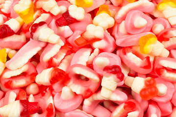 Assorted gummy candies. Top view. Jelly  sweets.