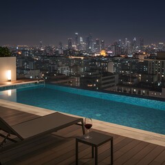 Night rooftop pool city view luxury vacation relaxation wine glass cityscape lounge chair urban escape