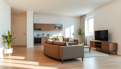 Modern apartment interior with stylish furniture and warm lighting, showcasing contemporary living.