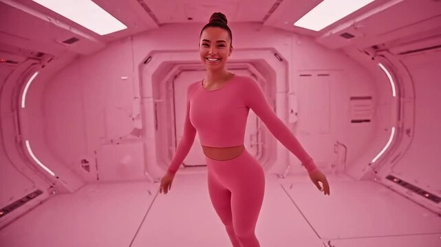 Beautiful stylish young woman floating in zero gravity inside a space station