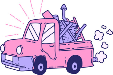 illustration of a traditional tattoo style truck carrying junk in bright neon color