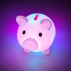 A high-angle perspective of a glowing piggy bank, exhibiting bioluminescent colors, viewed from above, featuring natural light effects and a vibrant glow