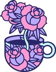 tattoo in traditional style of a cup and flowers in bright neon color