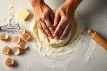 Hands kneading dough on a floured surface surrounded by baking t