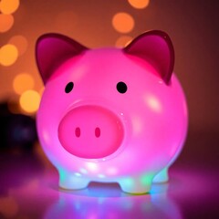 A high-resolution, extreme macro close-up stock photo of a bioluminescent piggy bank, glowing with vibrant colors under natural light; commercial quality, showcasing small subject details