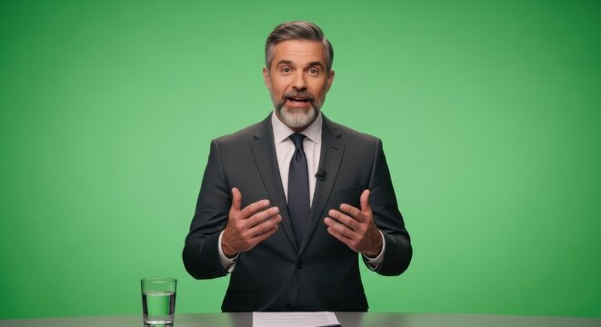 Professional man news anchor in suit presenting on television with green screen. Studio news broadcast for media.