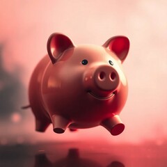 A piggy bank dynamically moving through a soft cinematic haze, in action poses with a soft focus and hazy, blurred background