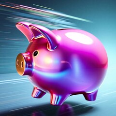 A piggy bank in dynamic motion with iridescent colors, blurred lines, and action poses, showcasing iridescent reflections