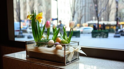 A rectangular glass planter filled with spring flowers like daffodils, tulips