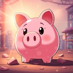 An Isekai anime-style illustration of a piggy bank, with expressive composition, bright lens flares, and vibrant colors
