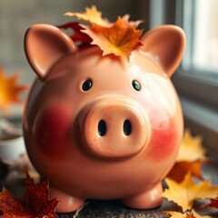 Close-up shot of a piggy bank, warm autumn colors, detailed earthy textures, cozy aesthetic