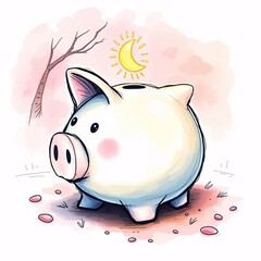 Color sketchnote style hand-drawn piggy bank, mystic enchanting environment, gentle color contrasts, dreamlike ethereal quality