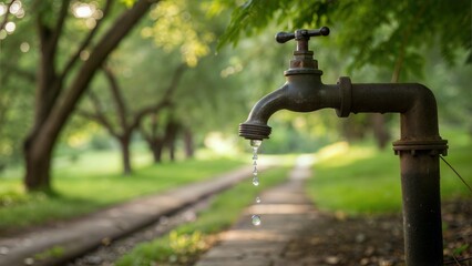 Dripping Tap in Nature's Embrace: A close-up view of an aged water tap, delicately dripping with water against a vibrant backdrop of lush greenery and a winding pathway
