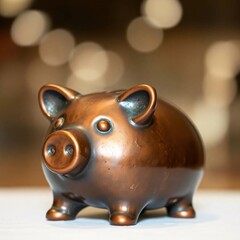 Cast bronze piggy bank, blurred bokeh background, sharp focus, antique patina finish, soft background, metallic sheen, detailed texture