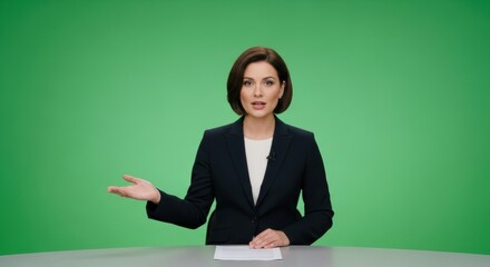 Woman news anchor on green screen. Female newscaster gesturing during broadcast. Studio report chroma key backdrop for media production.