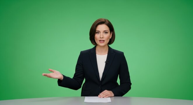 Woman news anchor on green screen. Female newscaster gesturing during broadcast. Studio report chroma key backdrop for media production.