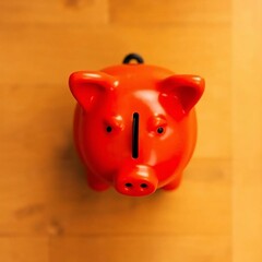 Overhead bird’s eye view of a warm-toned piggy bank, reds oranges yellows, top-down perspective