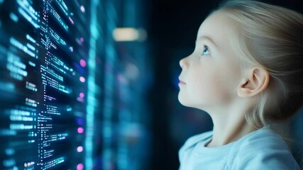 Young child interacting with large digital screen display of glowing data and abstract patterns - Powered by Adobe
