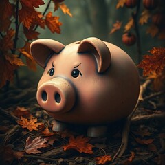 Piggy bank depicted in warm autumnal colors, eerie atmosphere, dark tones, unsettling details, earthy and cozy textures
