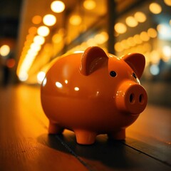  Long exposure photography of a piggy bank, warm golden glow, radiant luxurious effect, motion or light trails
