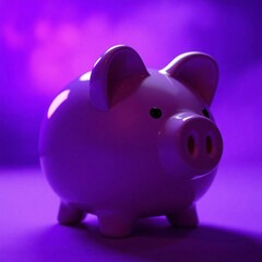 Piggy bank rendered in deep ultraviolet hues, soft dreamy atmosphere, hazy soft light, vivid purples, and high contrast