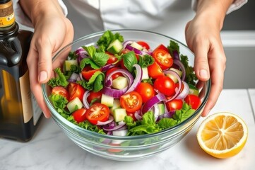 Hands mixing salad in a large glass bowl, surrounded by lettuce,