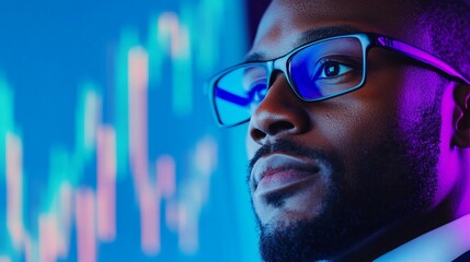  Business professional analyzing financial graphs and charts data on a digital display in a modern office environment