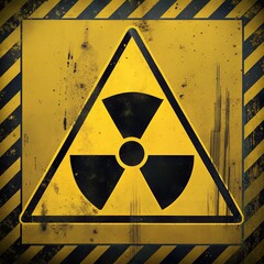 Radiation Warning: A close-up image of a weathered, yet clear, radiation warning sign, painted in vibrant yellow with bold black hazard stripes, symbolizing caution and potential danger. 