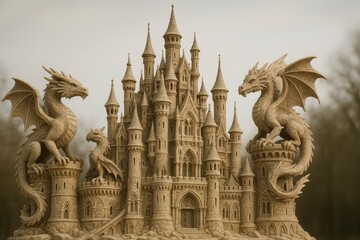 Fototapeta premium A detailed sandcastle with dragons on towers against a cloudy sky